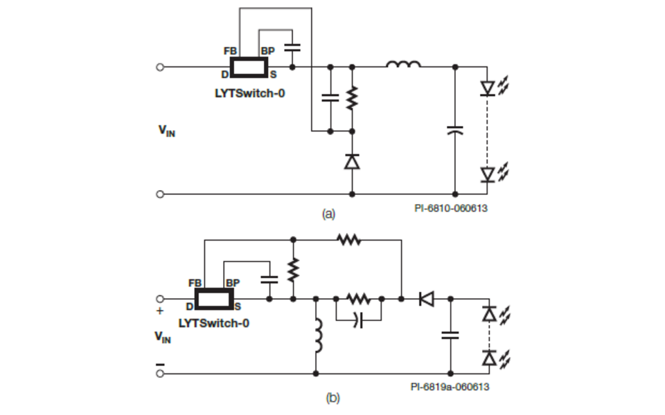 典型應用電路圖 (a) 降壓式，(b) 升降壓式。